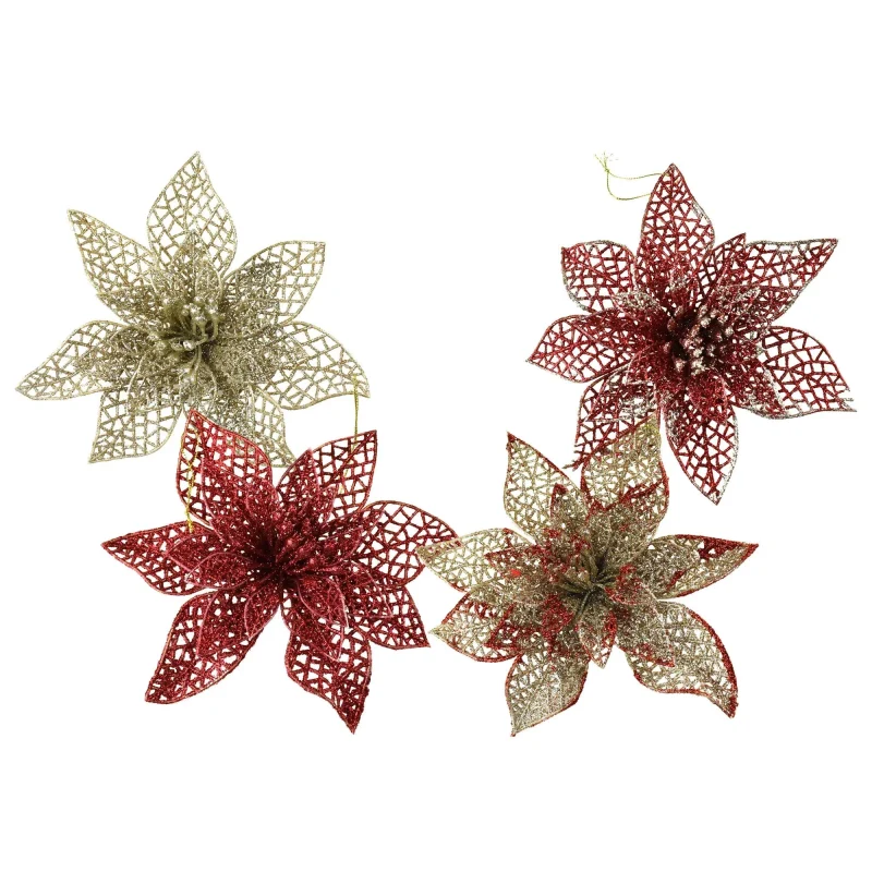 glittered poinsettia hanging ornaments 7 5 inch set of 4