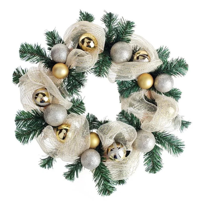 gold and green mesh ribbon christmas wreath 21 inch champagne details