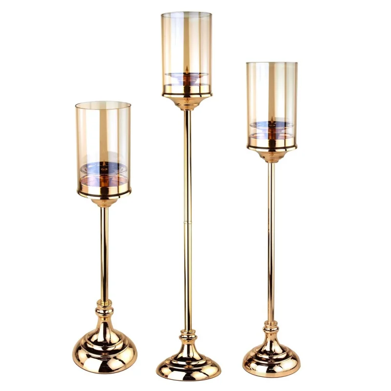 gold metal candle holders tall glass set of 3