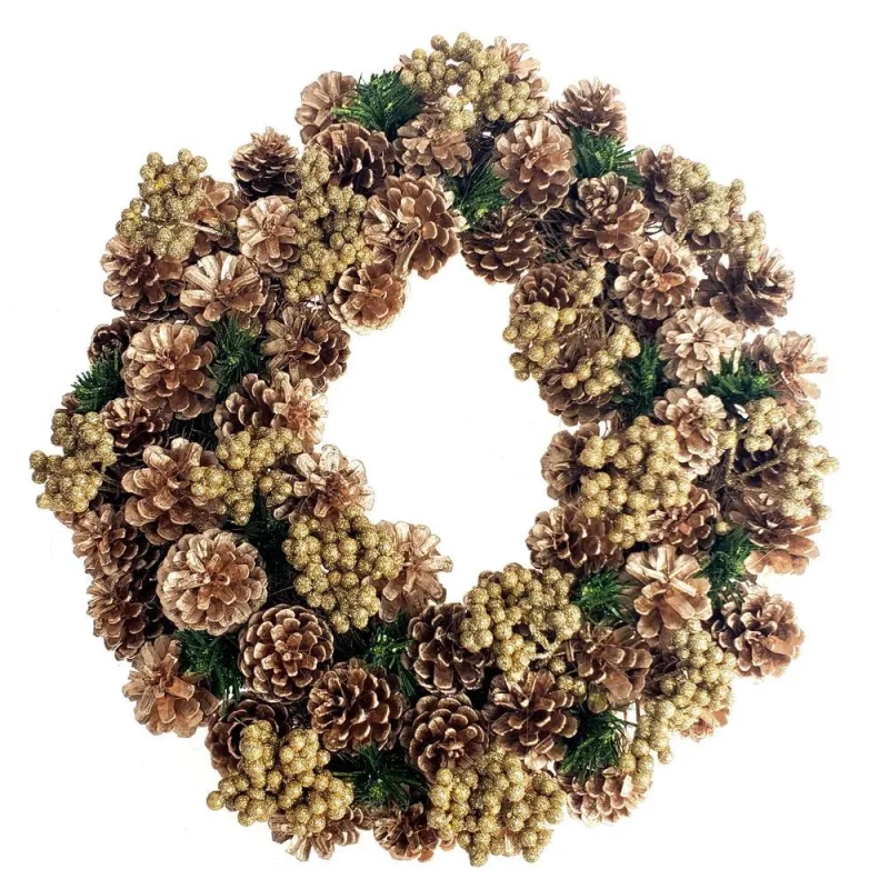 gold pine cone berries christmas wreath 17 inch metallic glitter