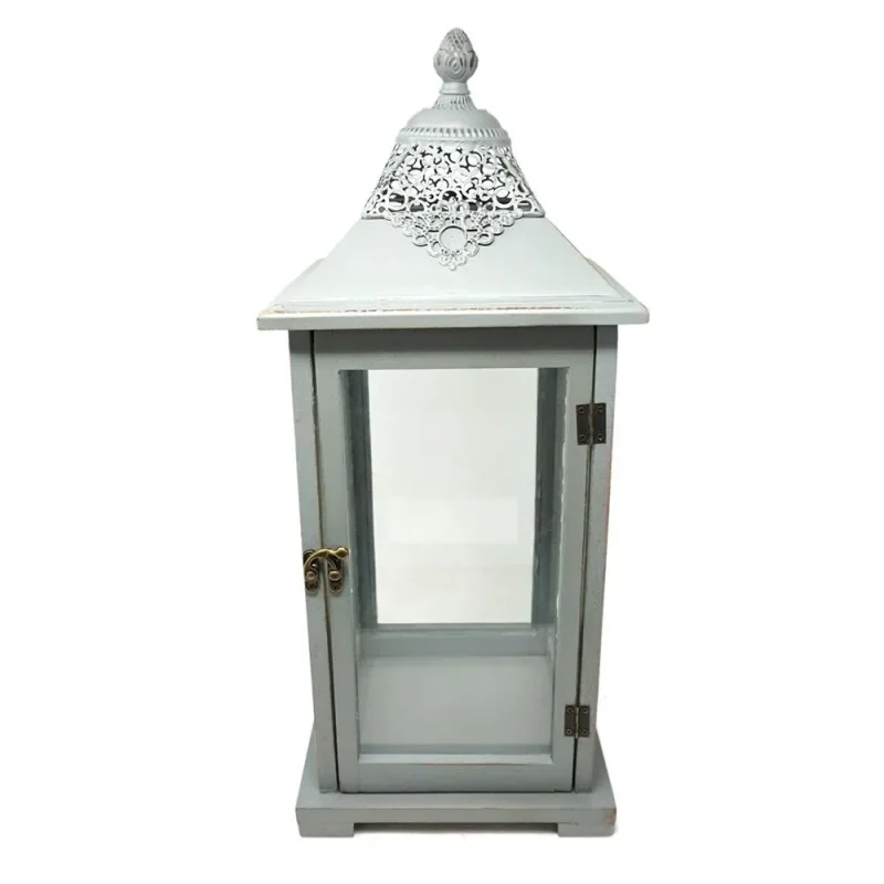 gray wooden candle lantern with glass doors 19 inch