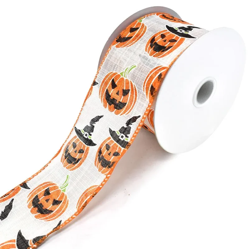 halloween linen jack o lantern ribbon 2 5 x 10yd white