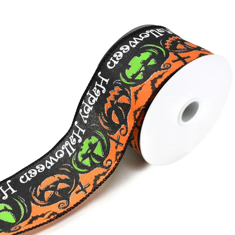 halloween linen wired ribbon orange black 2 5 x 10 yards