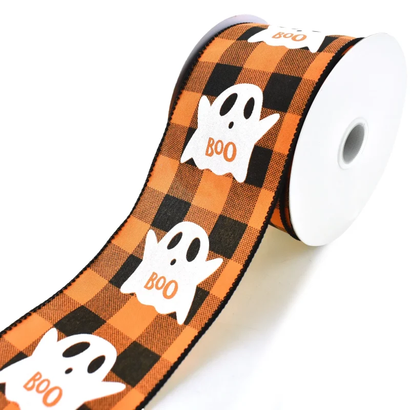 halloween plaid ghost wired ribbon 2 5 x 10yd boo