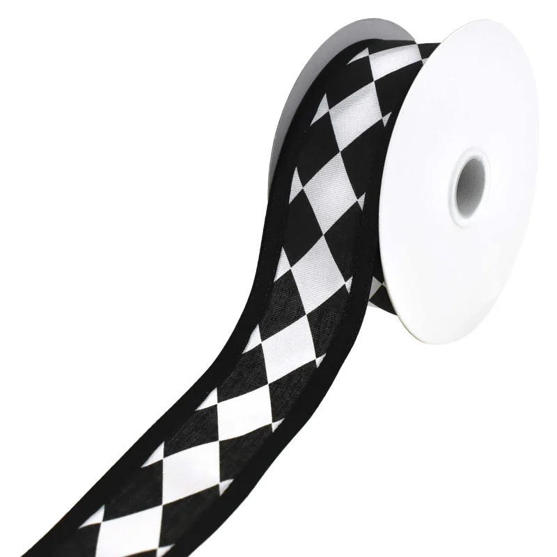 harlequin diamond wired ribbon 1 5 x 10yd black white