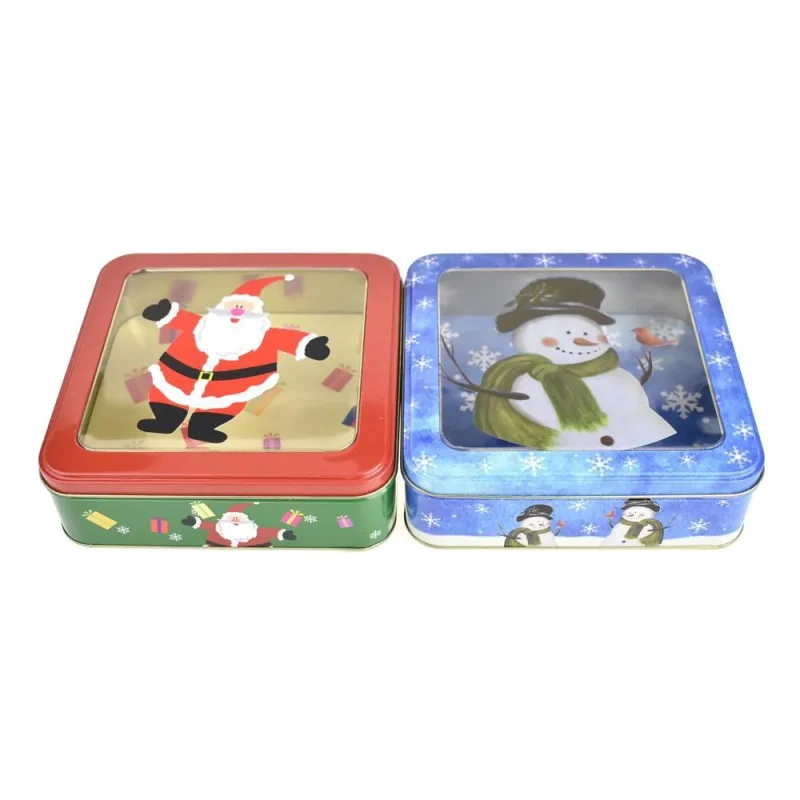 holiday cookie tins snowman santa designs red 2 styles