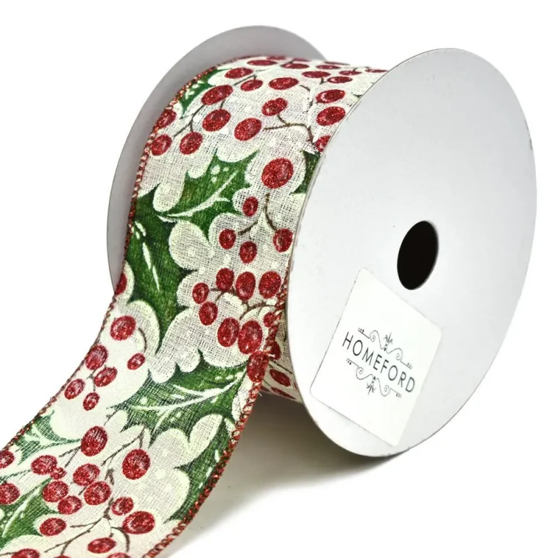 holly berry wired christmas ribbon 2 5 inch x 10 yard roll