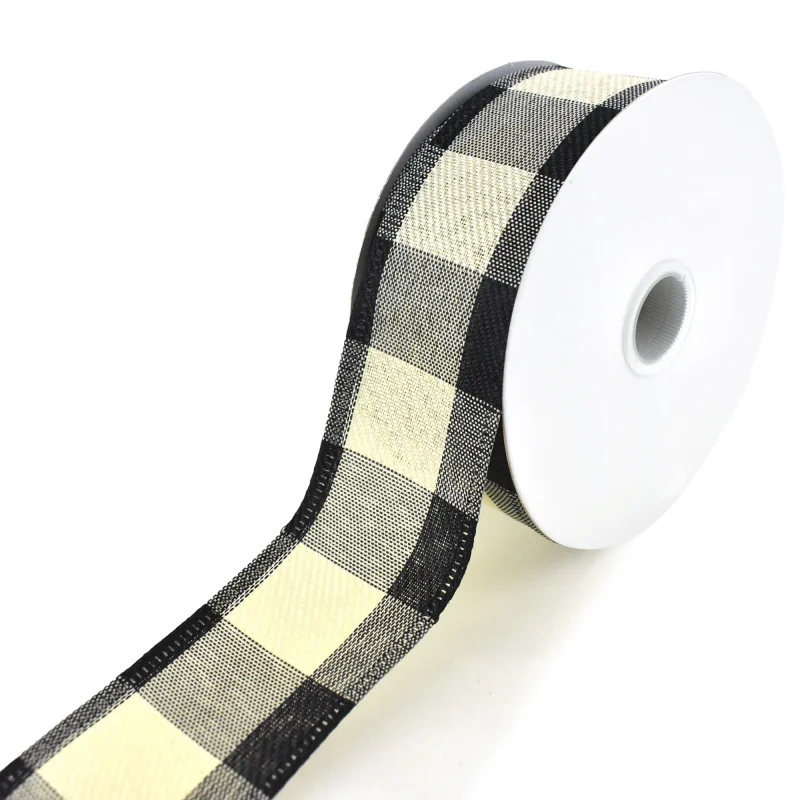 ivory buffalo plaid wired ribbon 10 yard roll