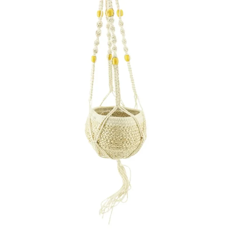 ivory cotton macrame plant hanger w yellow beads 37