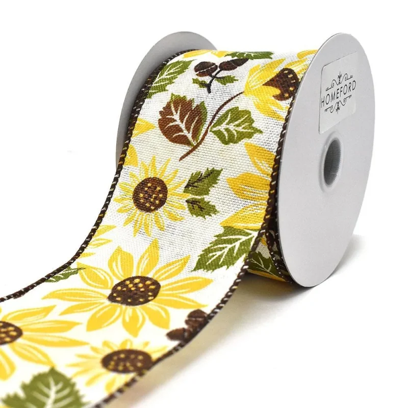 ivory linen sunflower acorn wired ribbon 2 5 x 10yd