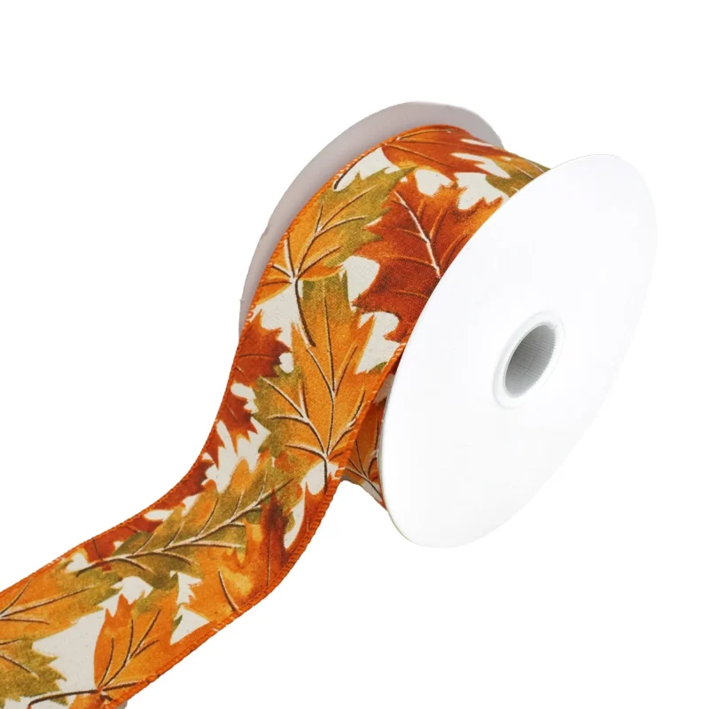 ivory wired fall leaves ribbon 2 5 x 10 yards