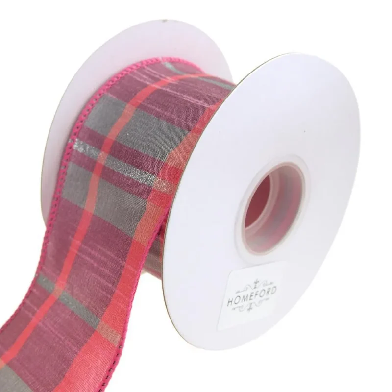 joanne plaid dupioni ribbon pink silver 2 5 inch x 10 yards