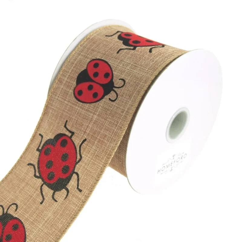 lady bug print wired ribbon 2 5 x 10 yards natural canvas