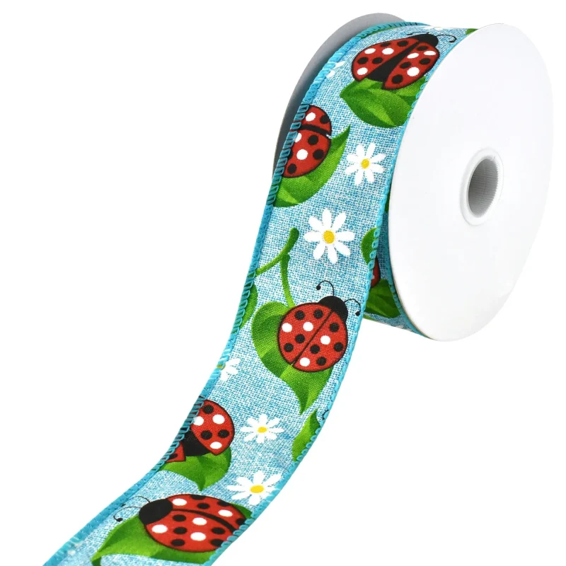 ladybugs daisies 1 1 2 faux linen wired ribbon 10 yards