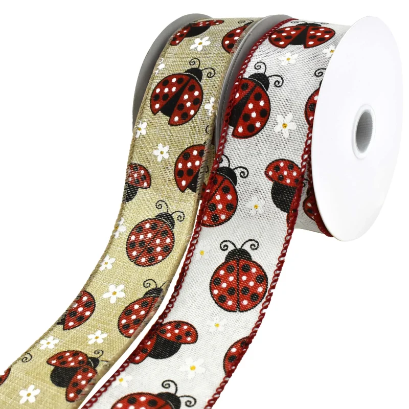 ladybugs daisies wired ribbon 1 5 x 10 yards