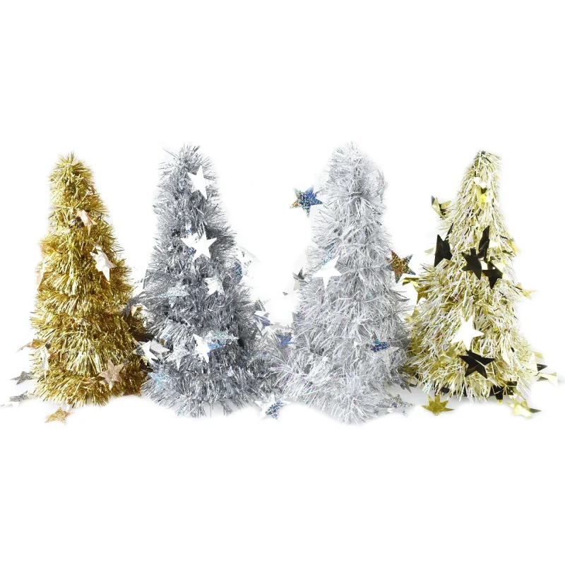 laser cut star tinsel table trees silver gold 10 inch 4 pack