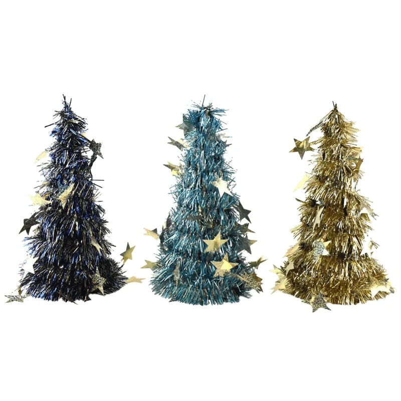 laser cut tinsel tabletop trees blue gold 10 inch 3 pack