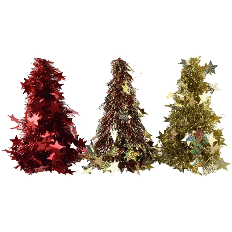 laser cut tinsel tabletop trees red gold 10 inch 3 pack