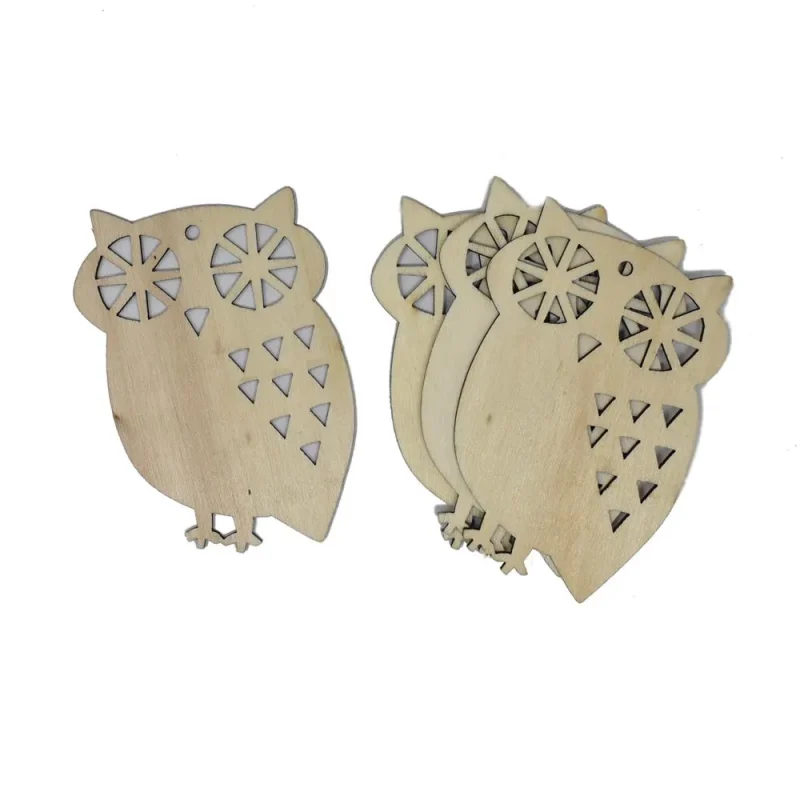 laser cut wooden owl decor set 3 inch 4 piece natural finish