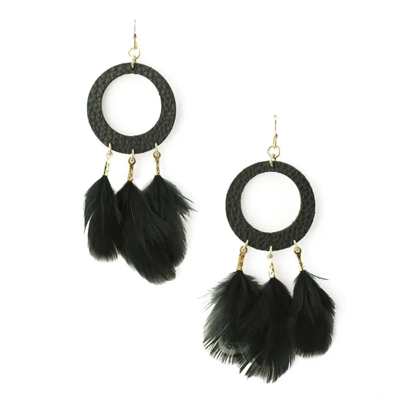 leather feather hoop earrings 3 hanging design