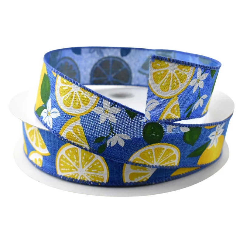 lemons lilies 1 5 wide faux linen wired ribbon 50 yards