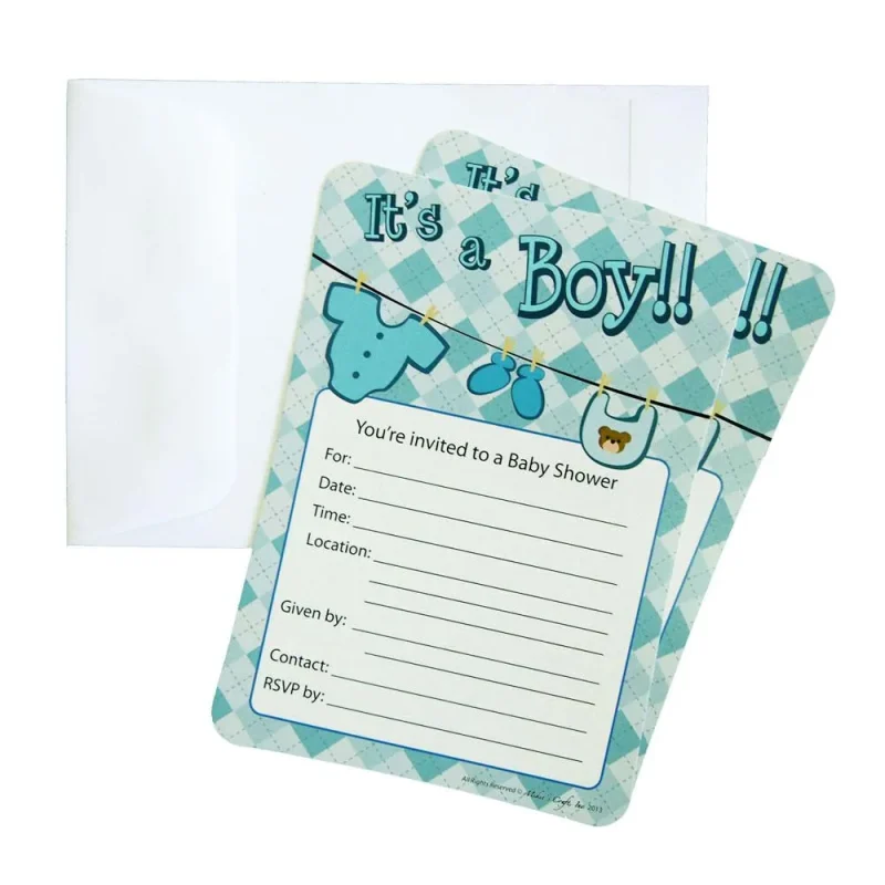 light blue baby shower invitation envelopes clothesline design 7 12 pack