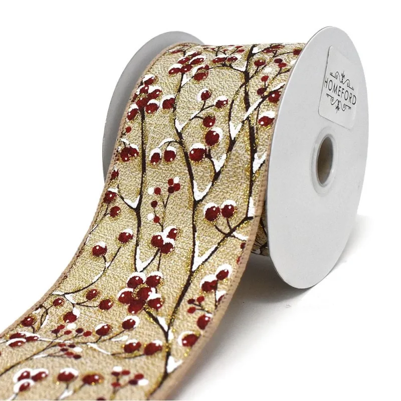 linen berries and snow wired ribbon 2 5 x 10yd natural