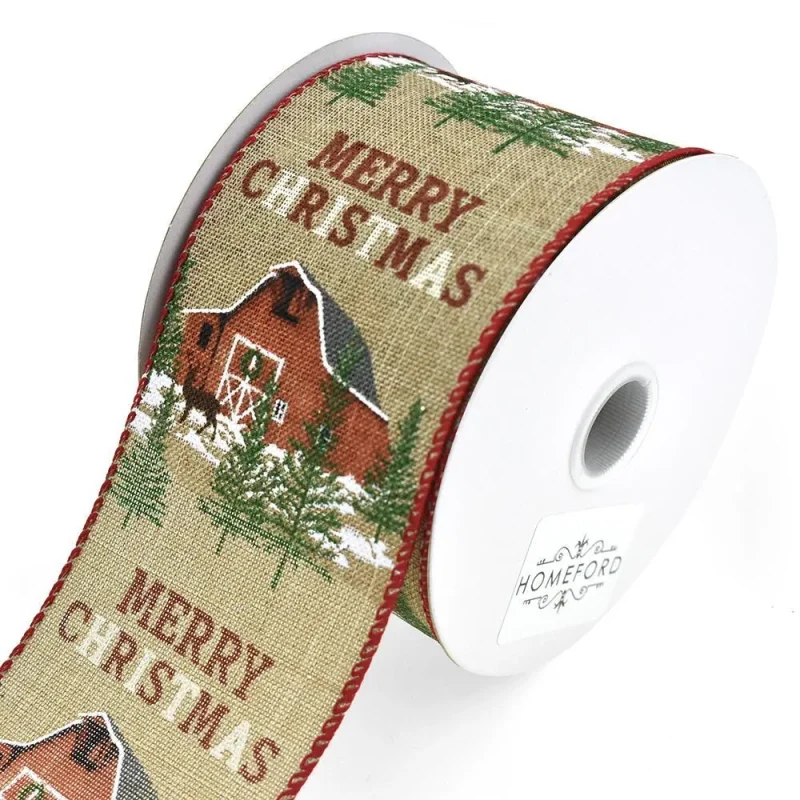 linen christmas wired ribbon 2 5 x 10 yards natural