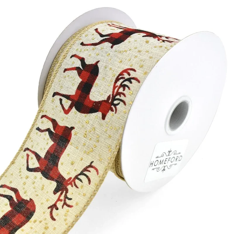 linen plaid moose reindeer wired ribbon 2 5 10yd