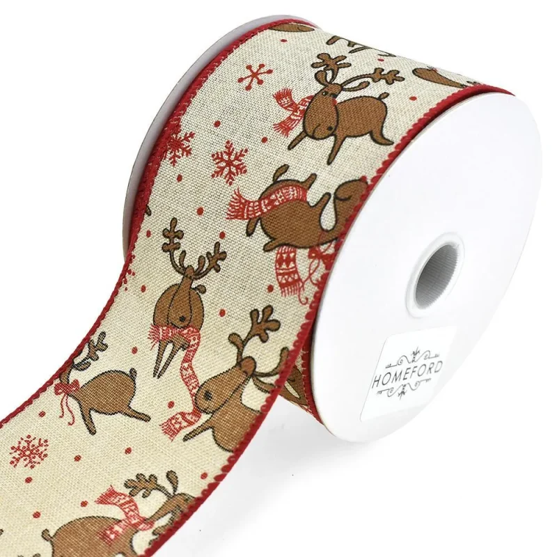 linen reindeer with scarves wired ribbon 2 5 inch 10 yards