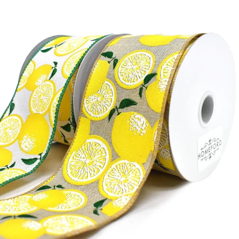 linen wired edge ribbon 2 5 x 10yd lemons pattern