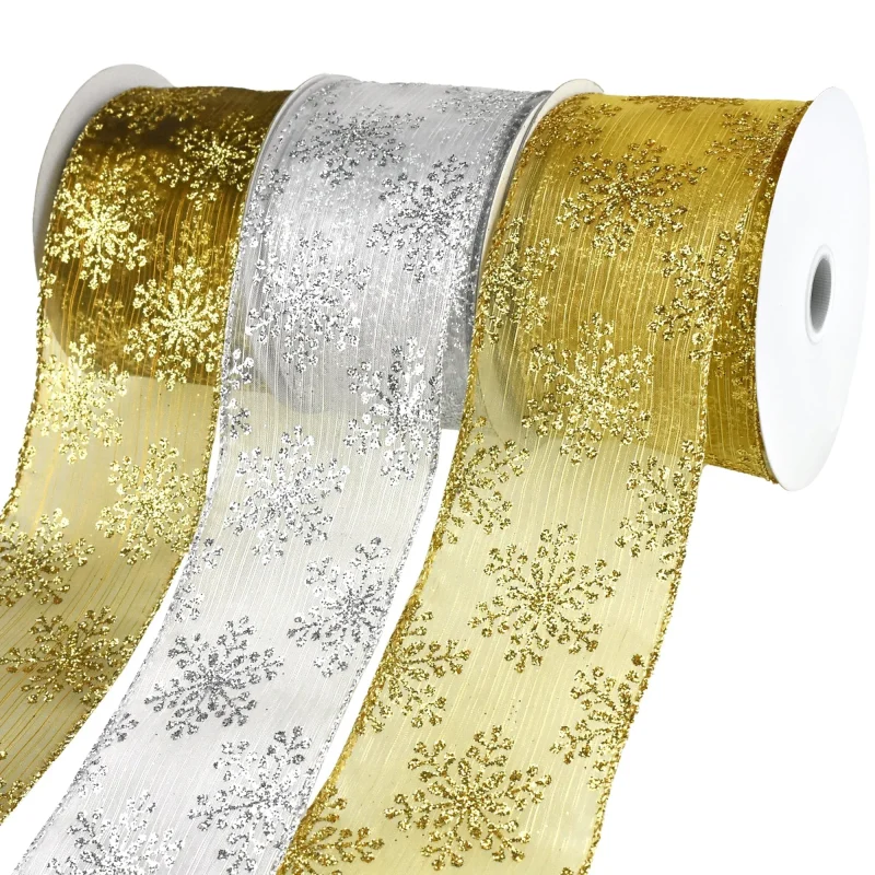 metallic glitter snowflake sheer wired ribbon 2 5 x 10yd