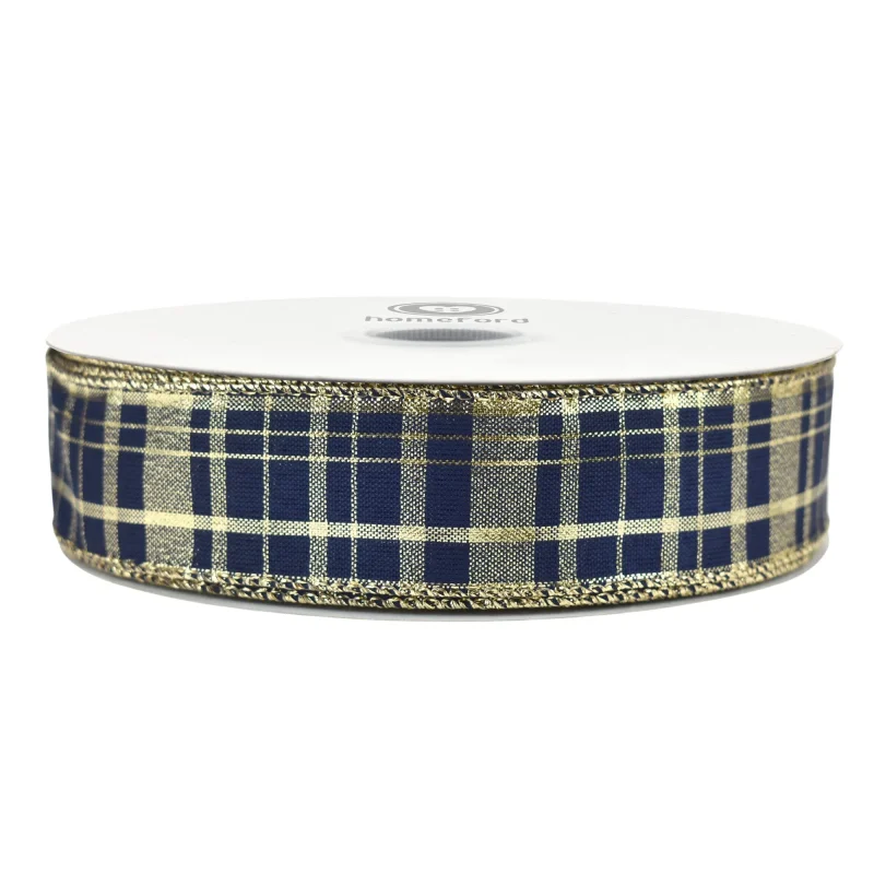 metallic navy plaid christmas ribbon 1 5 x 50 yards