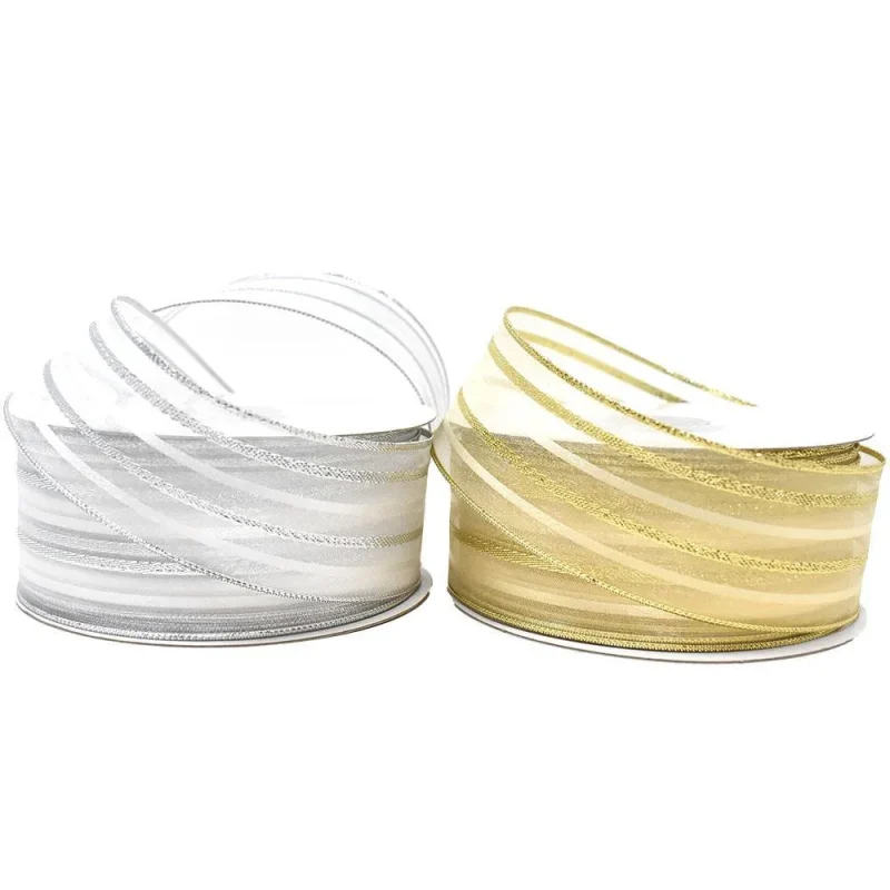 metallic stripe sheer wired ribbon 1 5 x 25 yards