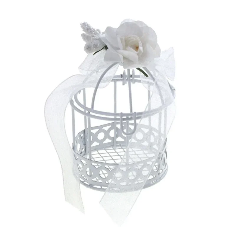 mini white birdcage with organza flowers 3 inch 12 piece set