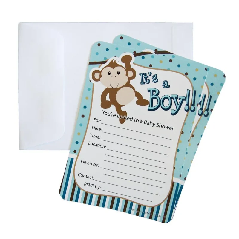 monkey baby shower invitations light blue 7 inch pack of 12