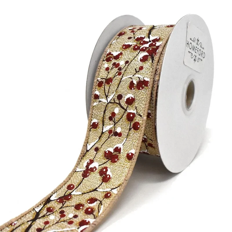 natural linen berries snow wired ribbon 1 5 x 10yd