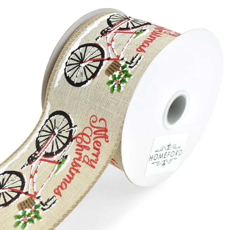 natural linen christmas bicycle wired ribbon 2 5 x 10yd