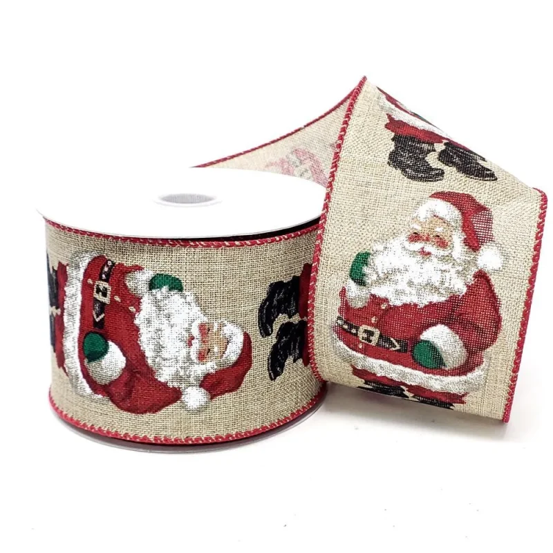 natural linen christmas ribbon 2 5 x 10yd santa design