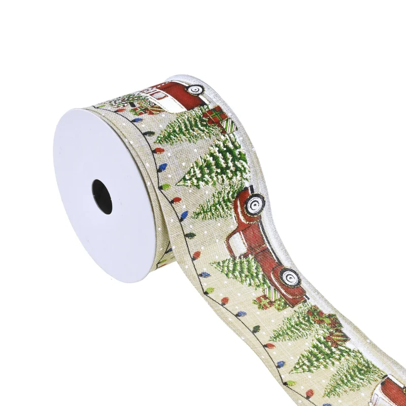 natural linen christmas truck camper ribbon 2 5 x 10yd