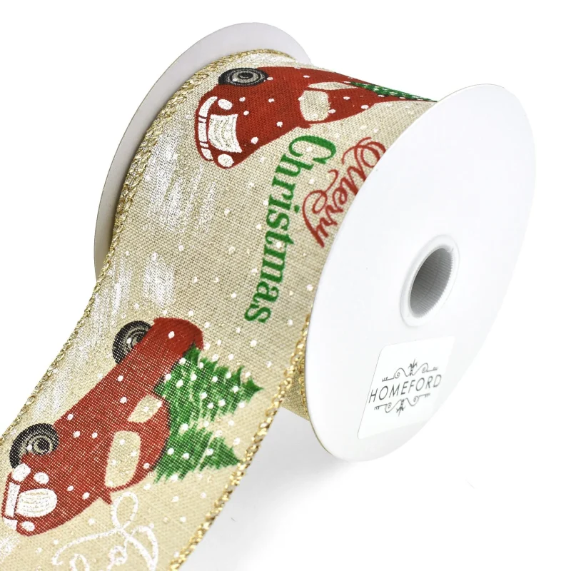 natural linen christmas truck wired ribbon 2 5 x 10 yards