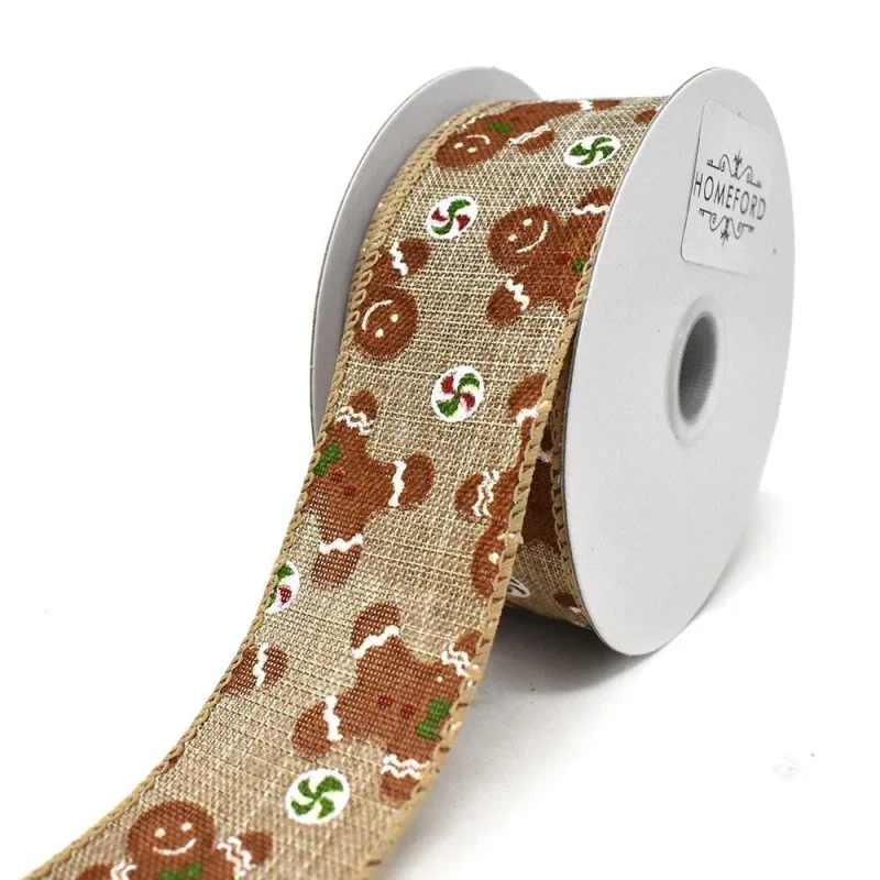 natural linen gingerbread men wired ribbon 1 5 x 10yd