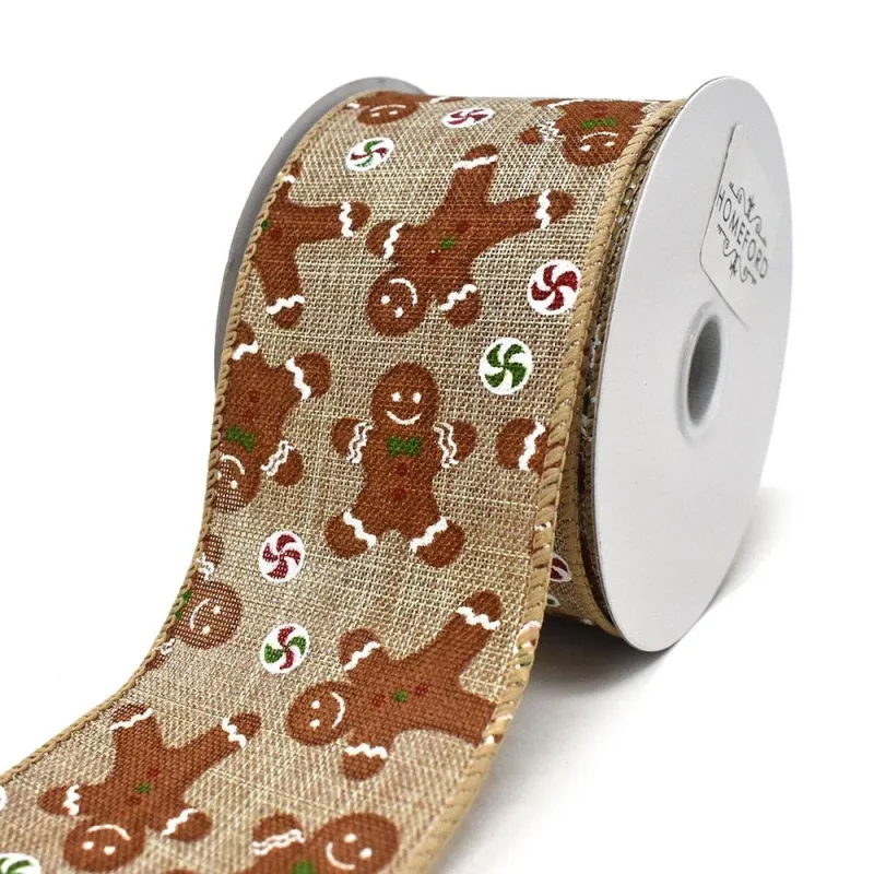 natural linen gingerbread men wired ribbon 2 5 x 10 yards