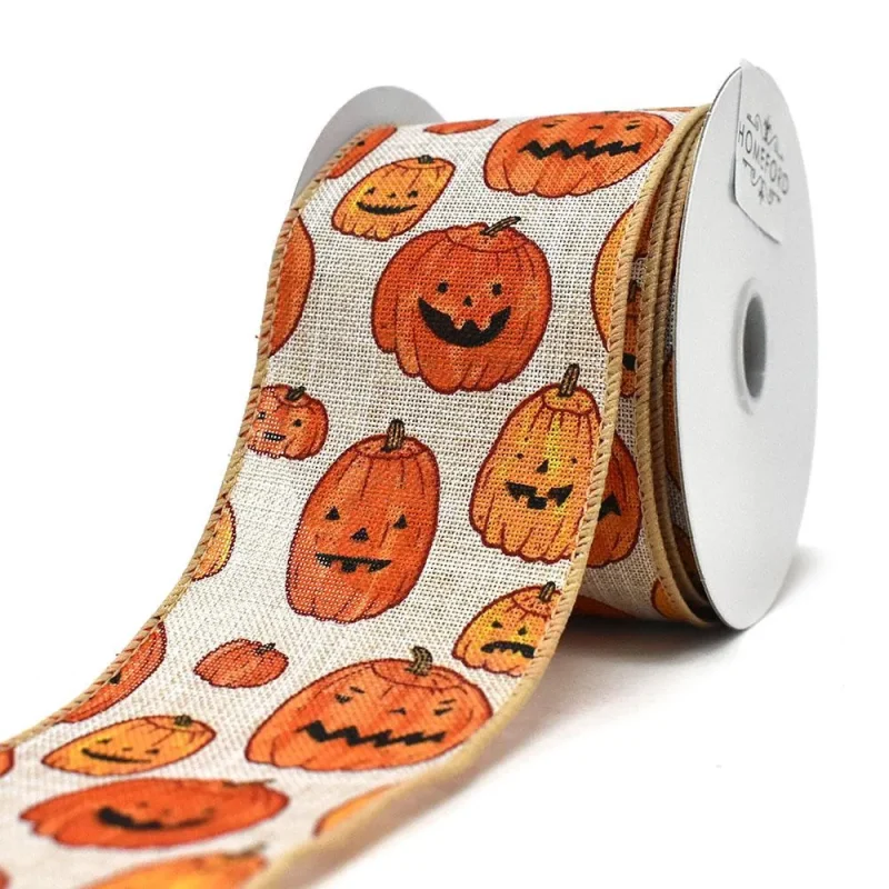 natural linen jack o lantern wired ribbon 2 5 x 10 yards