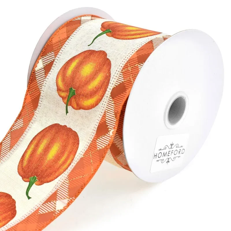 natural linen pumpkins plaid wired ribbon 4 x 10yd