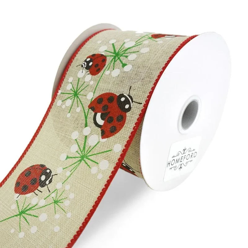 natural linen wired ribbon with ladybugs dandelions 2 5 x 10yd