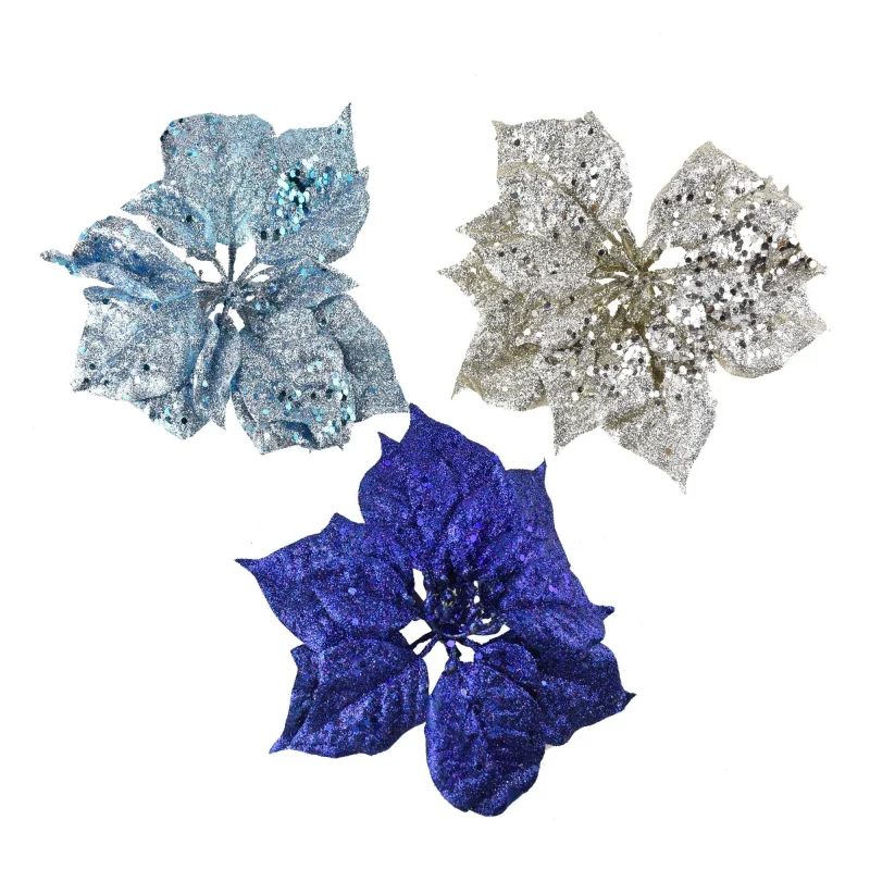 navy blue glittered poinsettia clips 8 inch 3 piece set