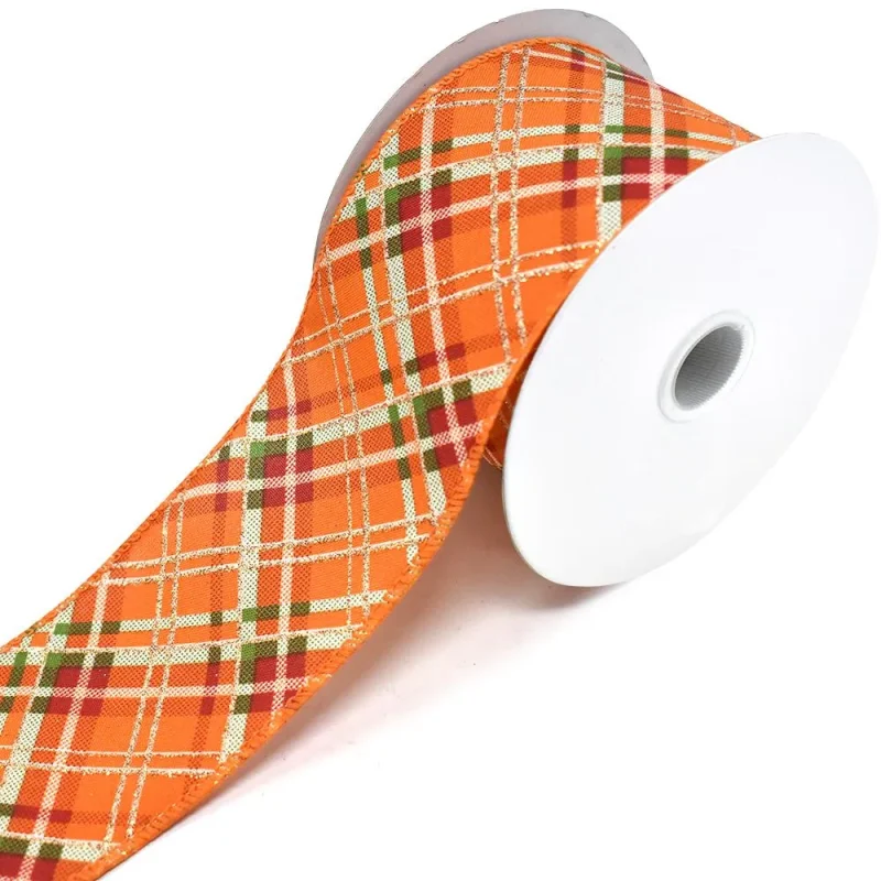 orange plaid linen wired edge ribbon 2 5 x 10yd