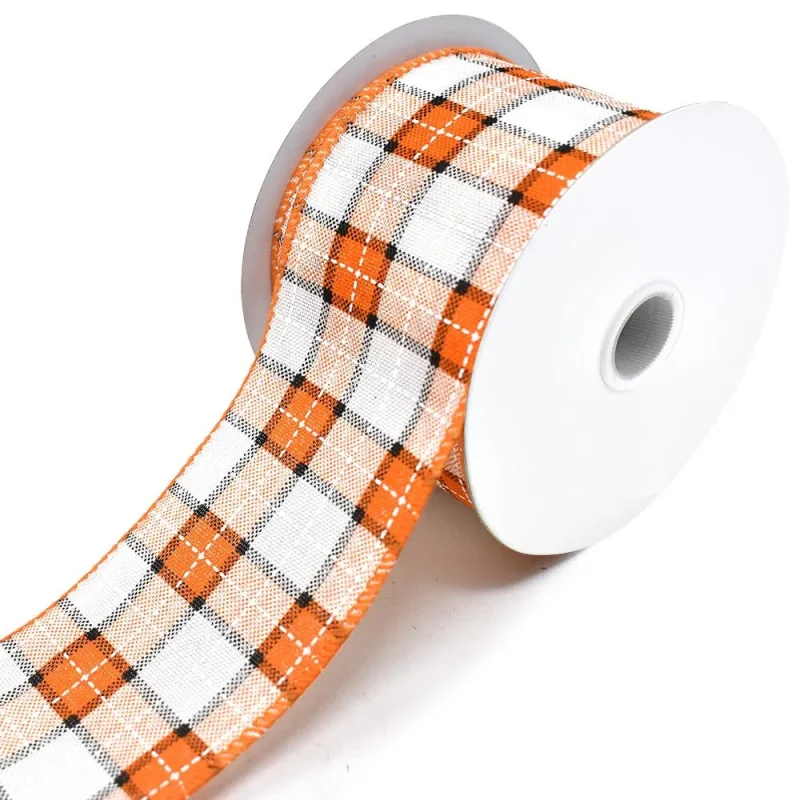 orange white plaid wired edge ribbon 2 5 inch 10 yards