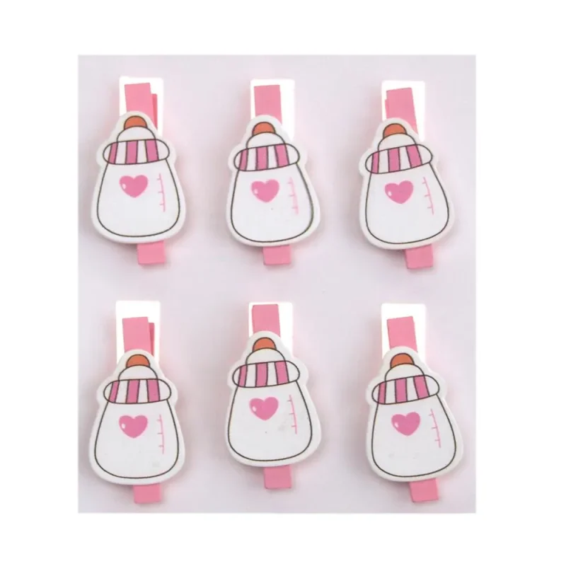 pink 2 inch milk bottle with heart wooden clothespins 6 piece baby favor set